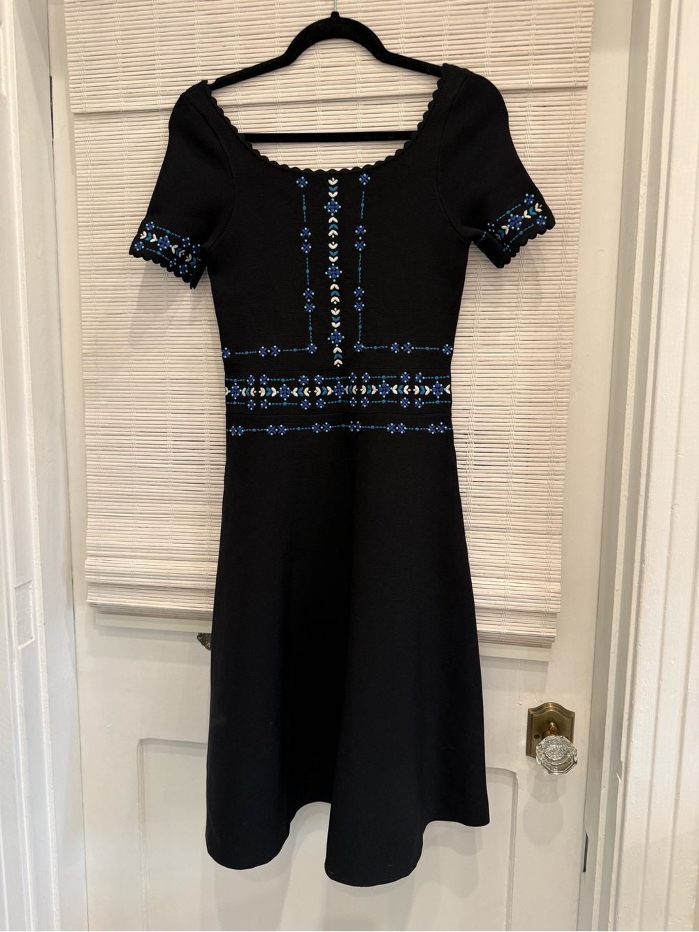 Sandro Black Midi Dress with Blue Embroidery Trim
